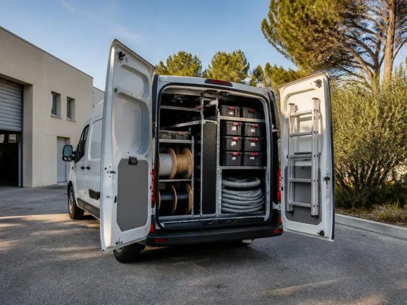 Utilitaire d’électricien ouvert, tourets de câble et caisses de matériel rangés