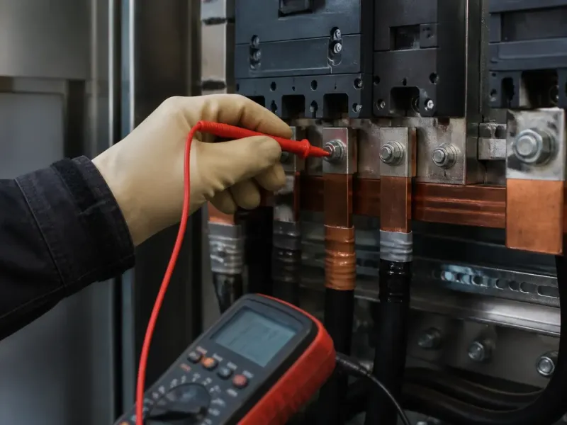 Armoire électrique industrielle ouverte, jeux de barres, disjoncteurs de puissance et câbles repérés