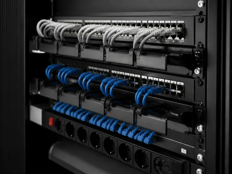 Baie de brassage informatique câblée proprement, cordons repérés et bandeau de prises