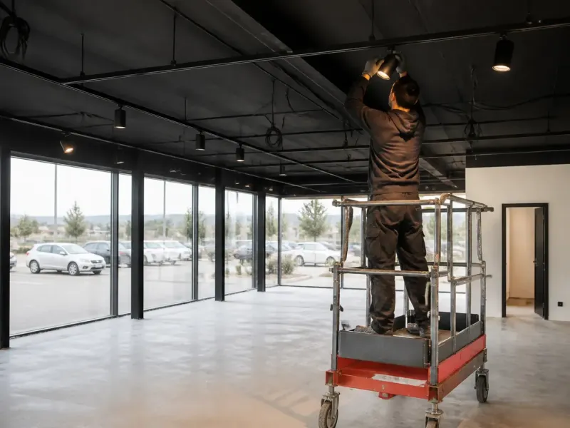 Cellule commerciale vide en cours d’aménagement, rails d’éclairage posés et câbles en attente