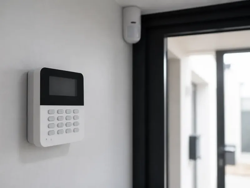 Clavier de centrale d’alarme et détecteur de mouvement fixés dans l’entrée d’un local