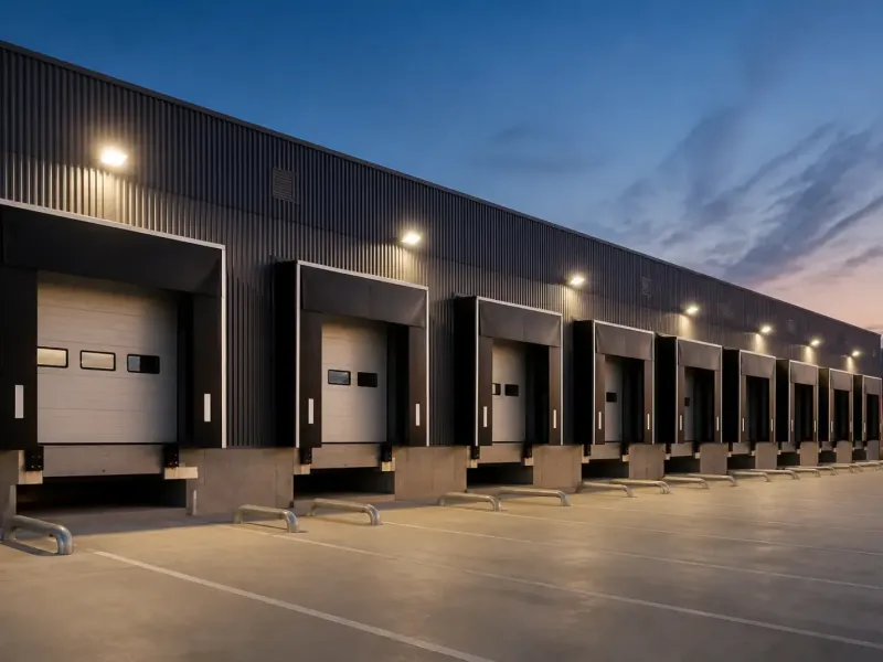 Quai de chargement d’un entrepôt logistique, portes sectionnelles et éclairage extérieur