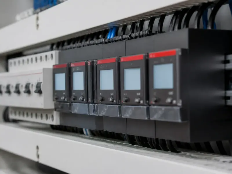 Sous-compteurs d’énergie alignés sur un rail dans un tableau de bureaux