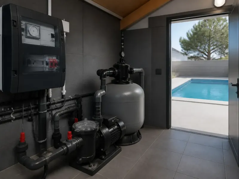 Local technique de piscine avec coffret de filtration et protection électrique