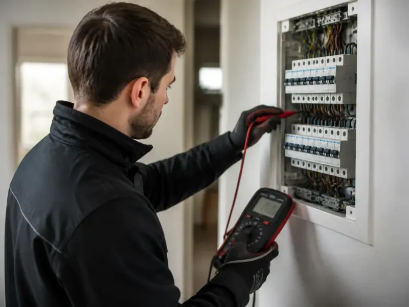 Électricien testant un circuit avec un contrôleur d’isolement dans une maison