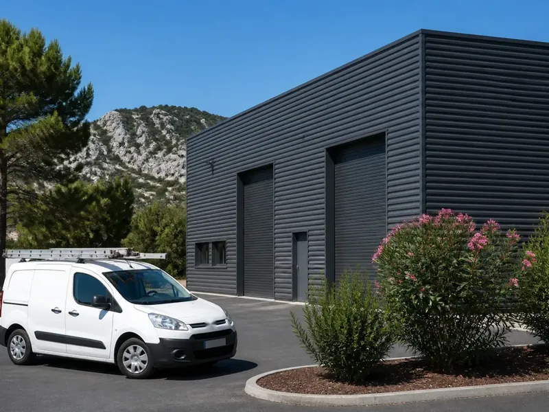 Utilitaire d’électricien garé devant un bâtiment d’activité en zone industrielle