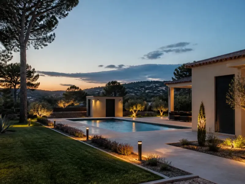 Piscine de villa provençale avec local technique et éclairage de jardin
