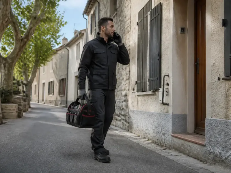 Électricien au téléphone devant une maison, sacoche à outils à la main