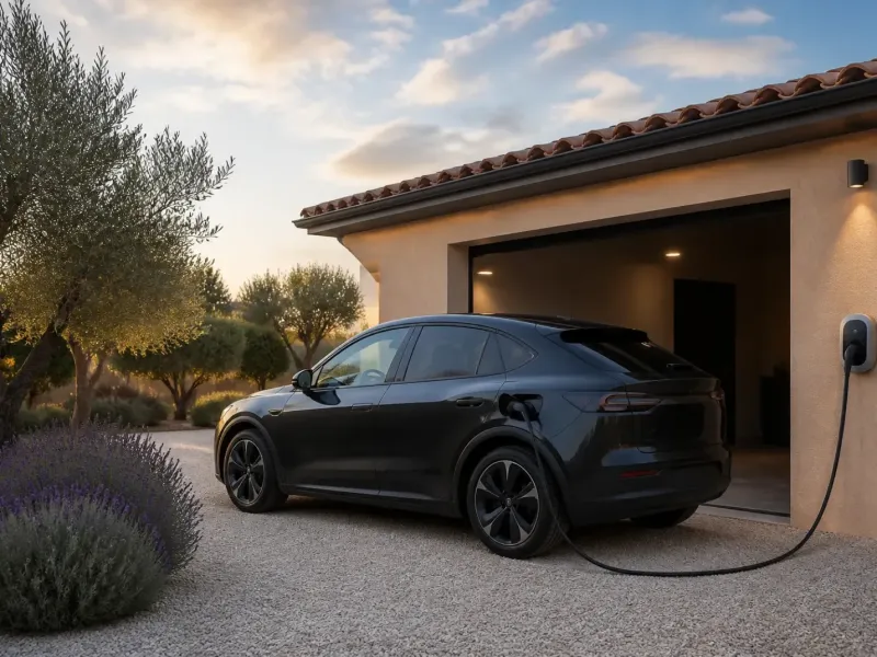 Voiture électrique en charge devant le garage d’une villa provençale