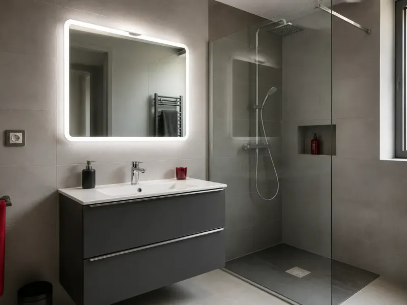 Salle de bains rénovée avec miroir lumineux et prise rasoir hors des volumes de sécurité