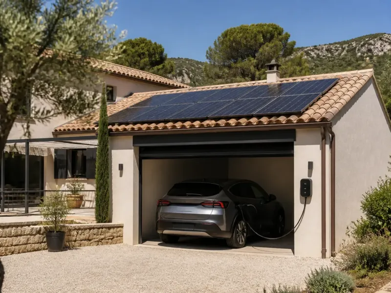 Toiture de villa équipée de panneaux solaires et borne de recharge au garage